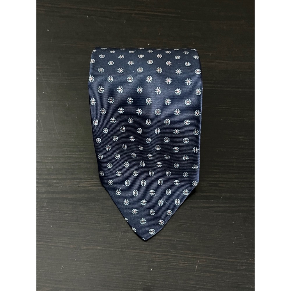 Christian Dior Mens Navy Blue Silk Geometric Floral Medallion Necktie France